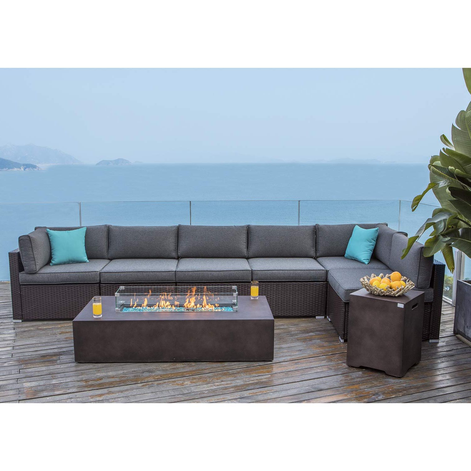 Amazon: Cosiest 9 Piece Outdoor Wicker Sectional Sofa W Fire Pit Table,chocolate  Brown Patio Furniture Set W 56 X 28 Inches Rectangle Bronze Fire Table  (50,000 Btu) And Tank Outside(20lb) For Garden : Throughout Most Popular Fire Pit Table Wicker Sectional Sofa Set (View 14 of 15)