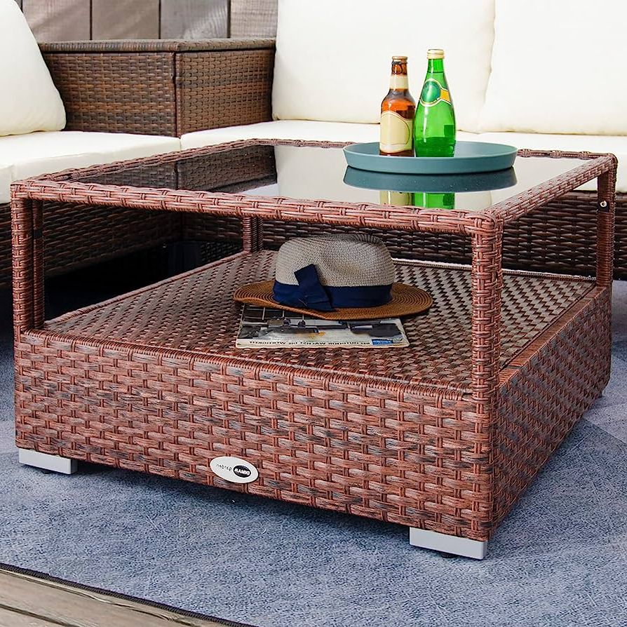 Amazon: Dimar Garden Outdoor Coffee Table Wicker Patio Rattan Side Table  With Glass Top And Storage Shelf,29.5in Mixed Brown : Patio, Lawn & Garden Throughout Recent Storage Table For Backyard, Garden, Porch (Photo 10 of 15)