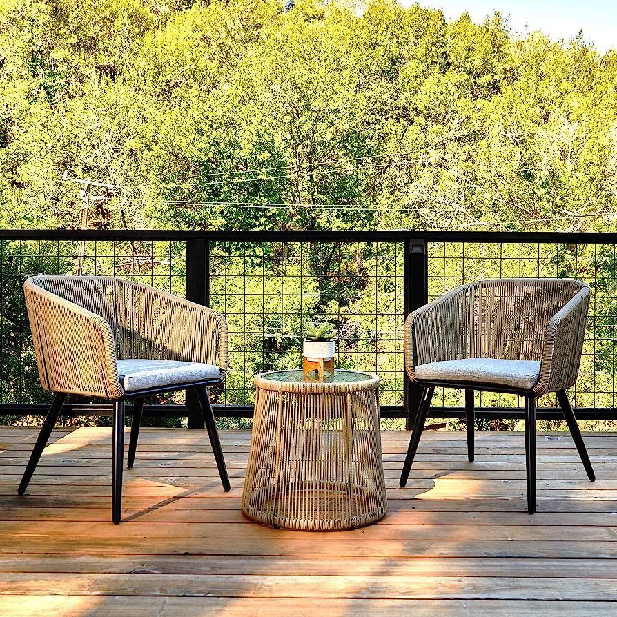 Amazon: East Oak Breezeway Patio Furniture Set, 3 Piece Outside Bistro  Set Handwoven Rattan Wicker Chairs With Waterproof Cushions, Tempered Glass  Table, Outdoor Conversation Set For Porch, Brown & Light Grey : Patio, With Regard To Current Oaks Table Set With Patio Cover (Photo 9 of 15)