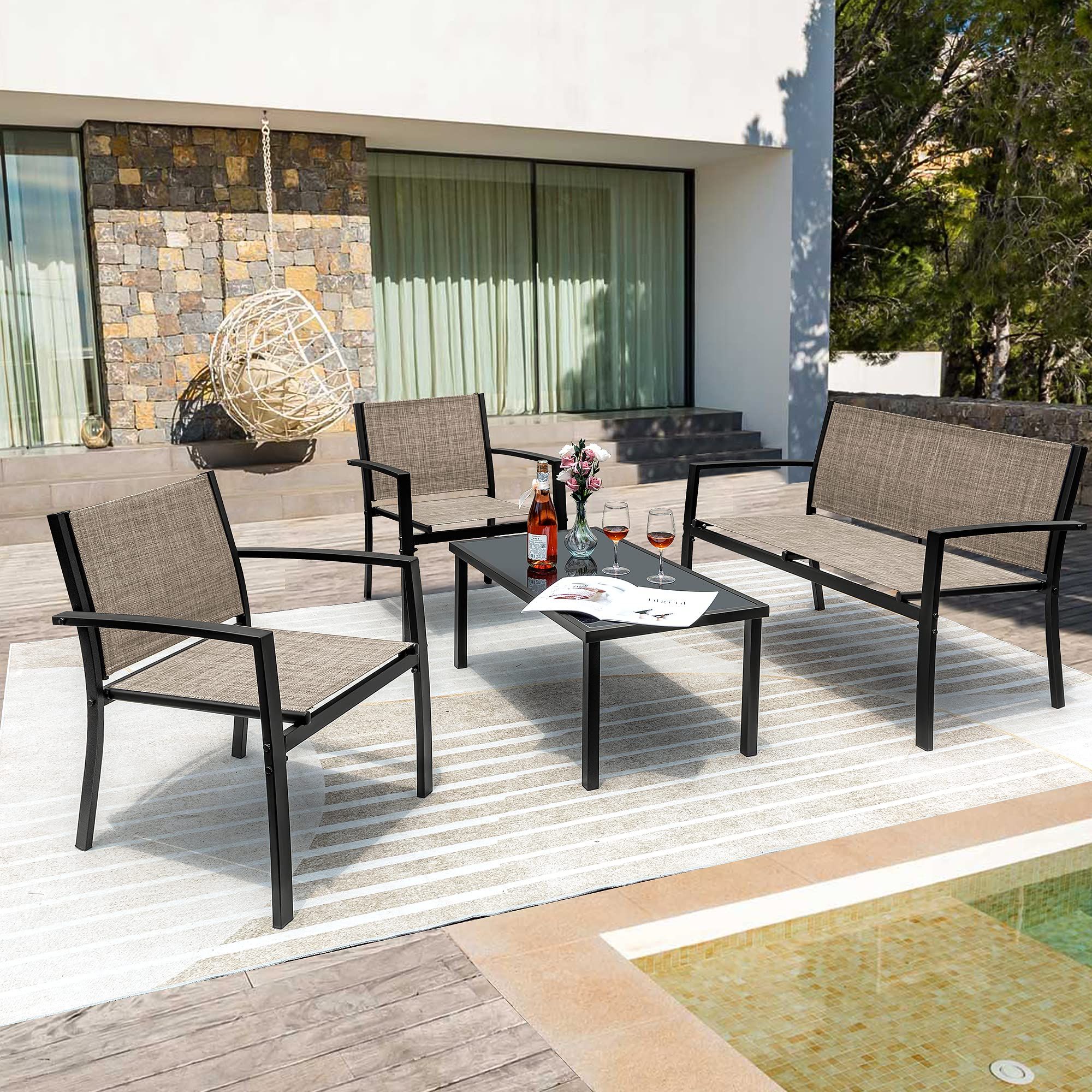 Amazon: Flamaker 4 Pieces Patio Furniture Outdoor Furniture Outdoor Patio  Furniture Set Textilene Bistro Set Modern Conversation Set Black Bistro Set  With Loveseat Tea Table For Home, Lawn And Balcony (brown) : For 2018 Textilene Bistro Set Modern Conversation Set (Photo 12 of 15)