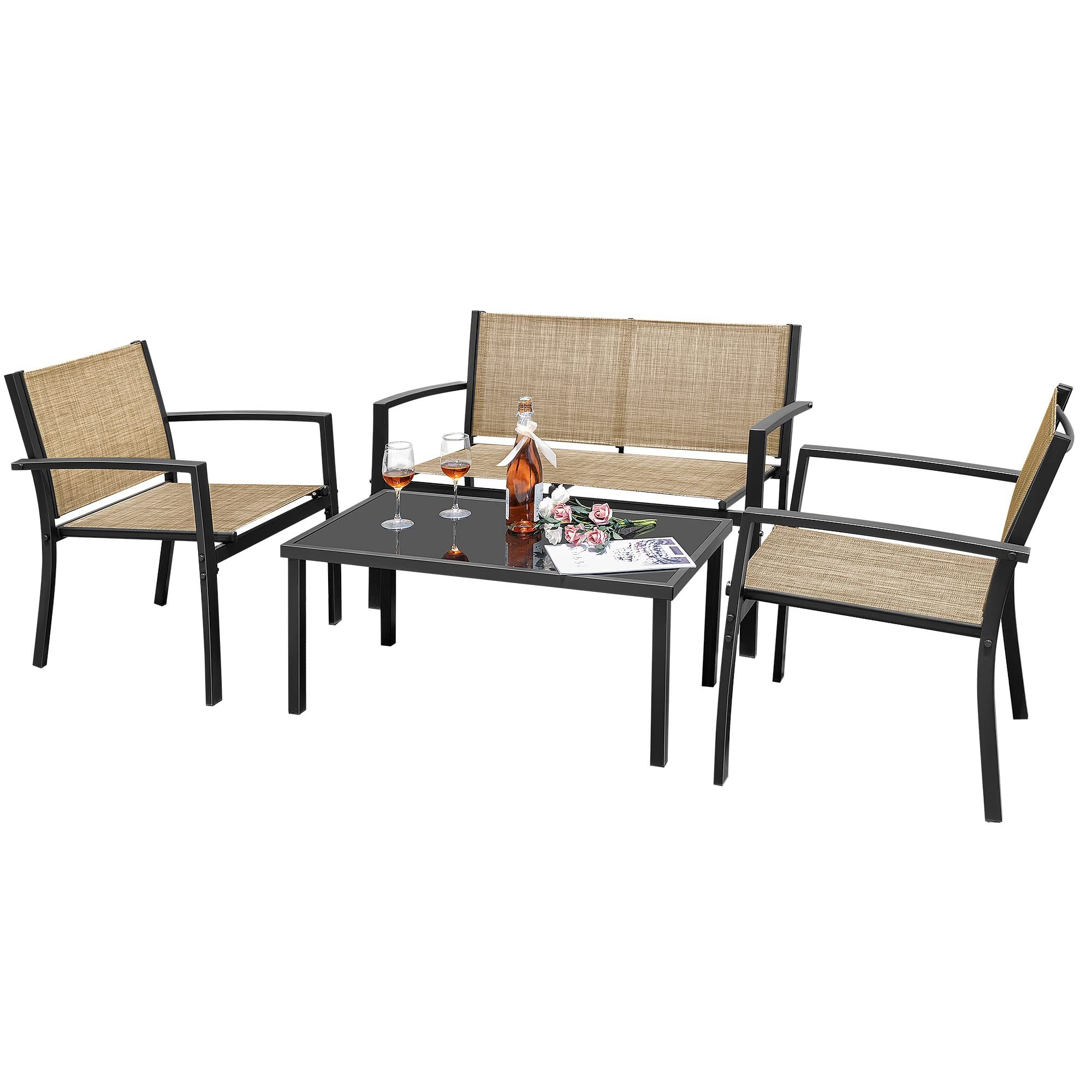 Amazon: Flamaker 4 Pieces Patio Furniture Outdoor Furniture Set  Textilene Bistro Set Modern Conversation Set Black Bistro Set With Loveseat  Tea Table For Home, Lawn And Balcony (yellow) : Patio, Lawn & For Well Liked Loveseat Tea Table For Balcony (Photo 13 of 15)