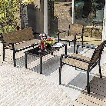 Amazon: Flamaker 4 Pieces Patio Furniture Outdoor Furniture Set  Textilene Bistro Set Modern Conversation Set Black Bistro Set With Loveseat  Tea Table For Home, Lawn And Balcony (yellow) : Patio, Lawn & In Newest Textilene Bistro Set Modern Conversation Set (Photo 4 of 15)