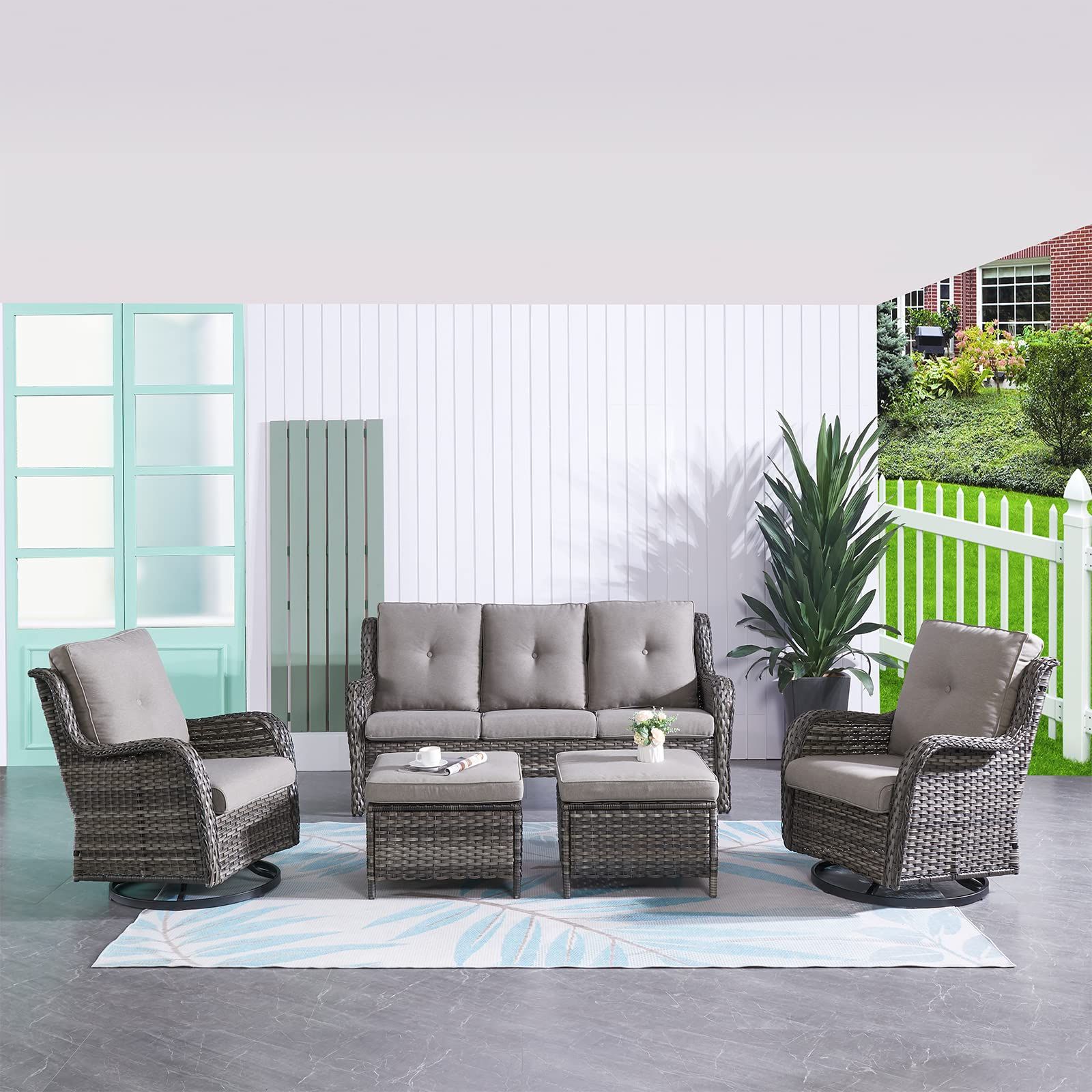 Amazon: Hummuh 5 Pieces Outdoor Furniture Patio Furniture Set Wicker  Outdoor Sectional Sofa With Swivel Rocking Chairs,patio Ottomans : Patio,  Lawn & Garden In Well Liked Rocking Chairs Wicker Patio Furniture Set (View 2 of 15)