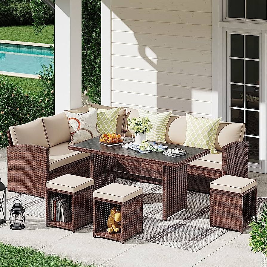 Amazon: Joivi Patio Furniture Set, 7 Piece Patio Dining Sofa Set,  Outdoor Sectional Sofa Conversation Set All Weather Wicker Rattan Couch  Dining Table & Chair With Ottoman, Brown Rattan Beige Cushion : Throughout Most Recently Released Outdoor Cushioned Chair Loveseat Tables (Photo 7 of 15)
