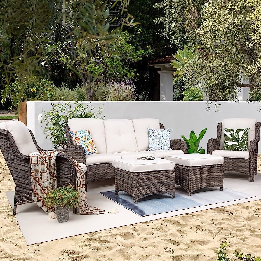 Amazon: Joyside Patio Furniture Set 5 Piece Wicker Outdoor Furniture  Conversational Set With 3 Seat Sofa, 2 Armchairs, 2 Ottoman Patio Rattan  Wicker Sectional Sofa Set With Olefin Cushions(mixed Grey/beige) : Patio,  Lawn & Regarding Best And Newest 5 Piece Outdoor Patio Furniture Set (View 8 of 15)