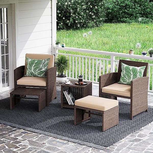 Amazon: Kaimeng 4 Pieces Patio Furniture Space Saving Outdoor Brown  Black Wicker Rattan Dining Sofa Chairs Cushioned Balcony Porch Sets With  Ottomans (beige) : Patio, Lawn & Garden Within Preferred Brown Wicker Chairs With Ottoman (View 2 of 15)