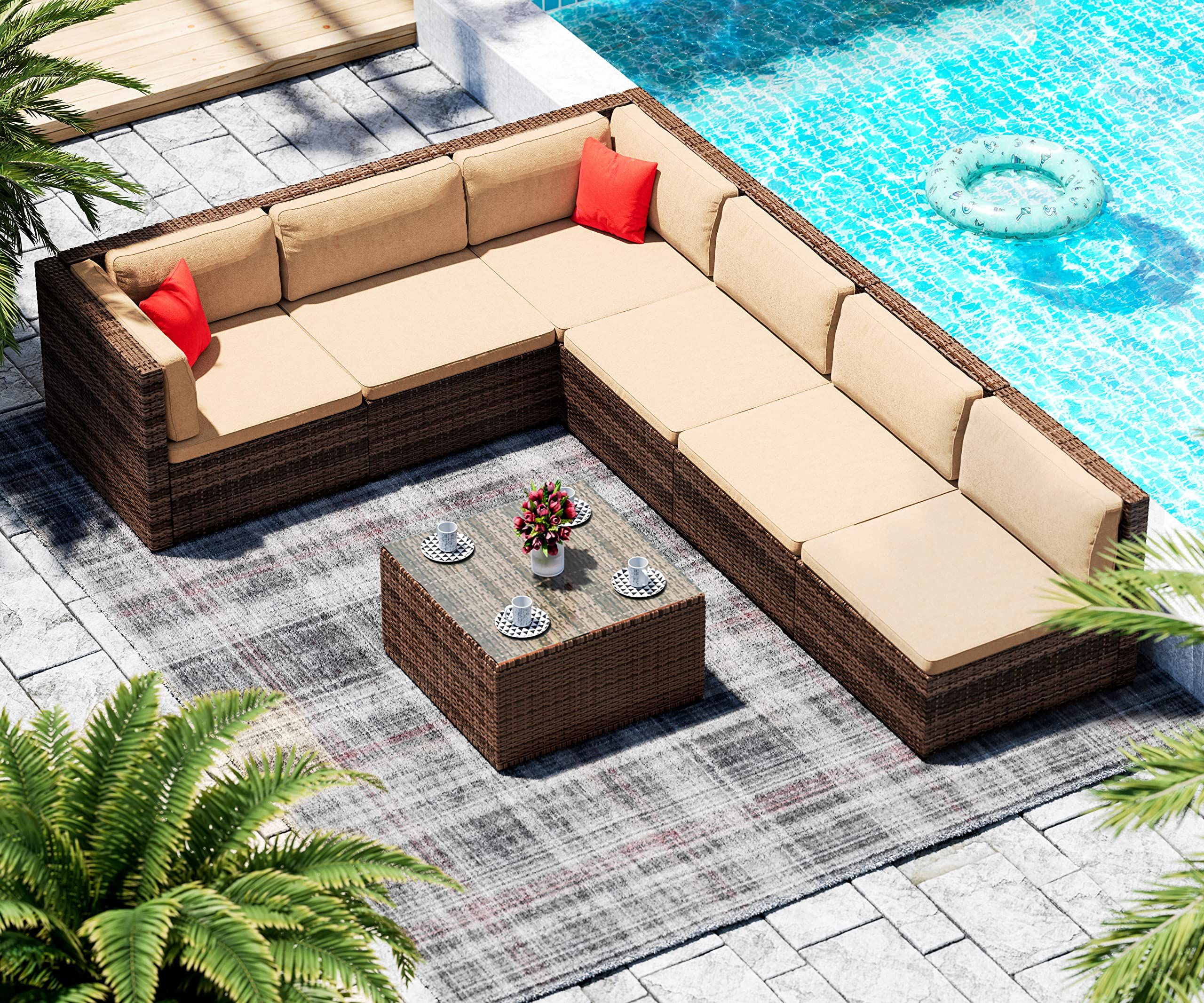 Amazon: Lhbcraft 7 Piece Patio Furniture Set, Outdoor Furniture Patio Sectional  Sofa, All Weather Pe Rattan Outdoor Sectional With Cushion And Glass Table,  Clips, Beige (ot004 Brown Beige) : Patio, Lawn & Garden With Regard To Newest 7 Piece Rattan Sectional Sofa Set (View 4 of 15)