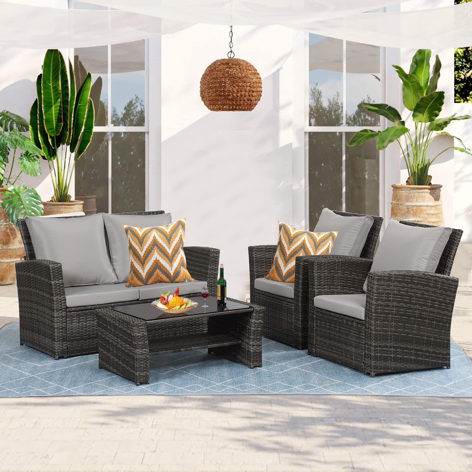 Amazon: May In Color 4 Piece Patio Furniture Sets, All Weather Patio  Conversation Set Outdoor Wicker Sectional Sofa Chair With Cushion And  Coffee Table, Grey : Patio, Lawn & Garden With Regard To Newest All Weather Rattan Conversation Set (View 4 of 15)
