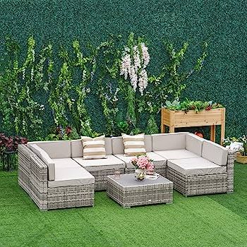 Amazon: Outsunny 7 Piece Outdoor Patio Furniture Set, Pe Rattan Wicker Sectional  Sofa Patio Conversation Sets With Couch Cushions, Throw Pillows And Slat  Coffee Table, Stripe, Beige : Patio, Lawn & Garden In Well Liked Outdoor Couch Cushions, Throw Pillows And Slat Coffee Table (Photo 6 of 15)