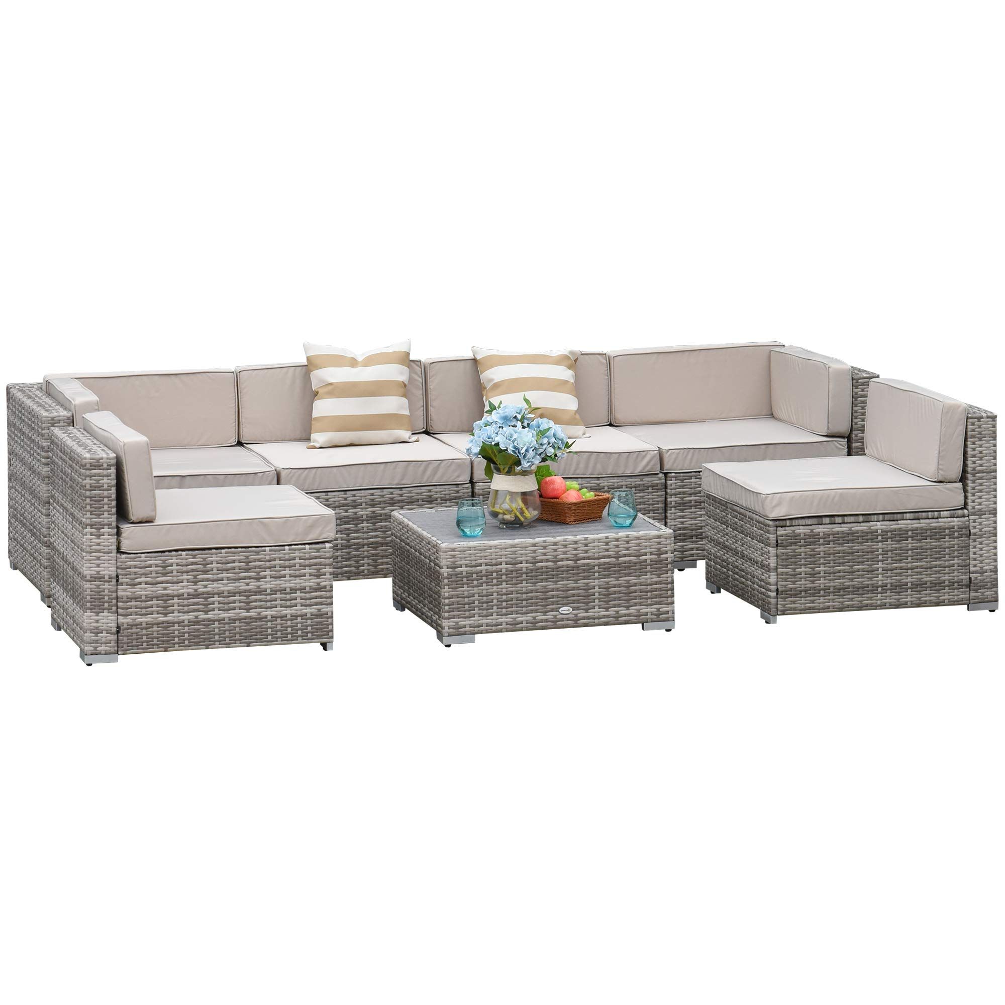Amazon: Outsunny 7 Piece Outdoor Patio Furniture Set, Pe Rattan Wicker Sectional  Sofa Patio Conversation Sets With Couch Cushions, Throw Pillows And Slat  Coffee Table, Stripe, Beige : Patio, Lawn & Garden With Well Liked Outdoor Couch Cushions, Throw Pillows And Slat Coffee Table (View 4 of 15)