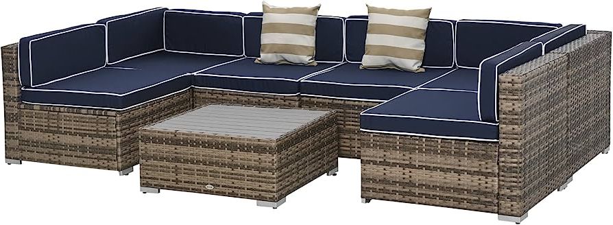 Amazon: Outsunny 7 Piece Outdoor Patio Furniture Set, Pe Rattan Wicker Sectional  Sofa Patio Conversation Sets With Couch Cushions, Throw Pillows And Slat  Coffee Table, Stripe, Blue : Patio, Lawn & Garden Throughout Latest Outdoor Couch Cushions, Throw Pillows And Slat Coffee Table (Photo 3 of 15)