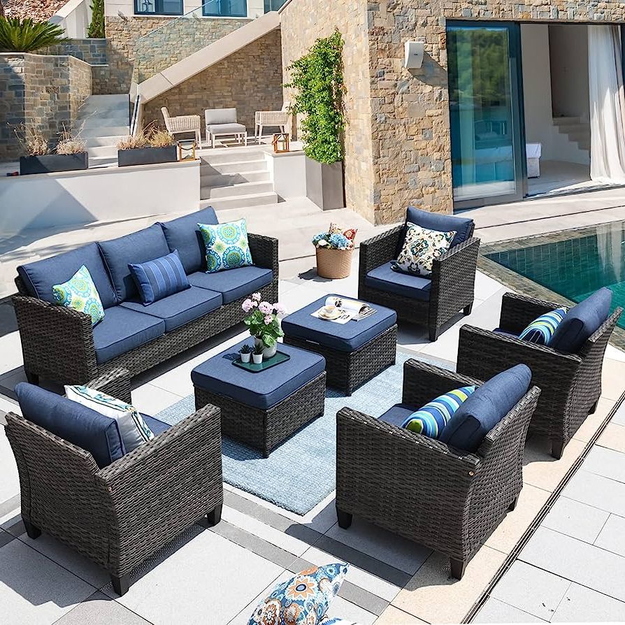 Amazon: Ovios Patio Furniture Set 7 Pcs High Back Sofa Outdoor  Conversation Sets All Weather Wicker Rattan Sectional Sofa Set Couch And  Chairs Garden Backyard Porch (denim Blue) : Patio, Lawn & Intended For Famous All Weather Rattan Conversation Set (Photo 6 of 15)