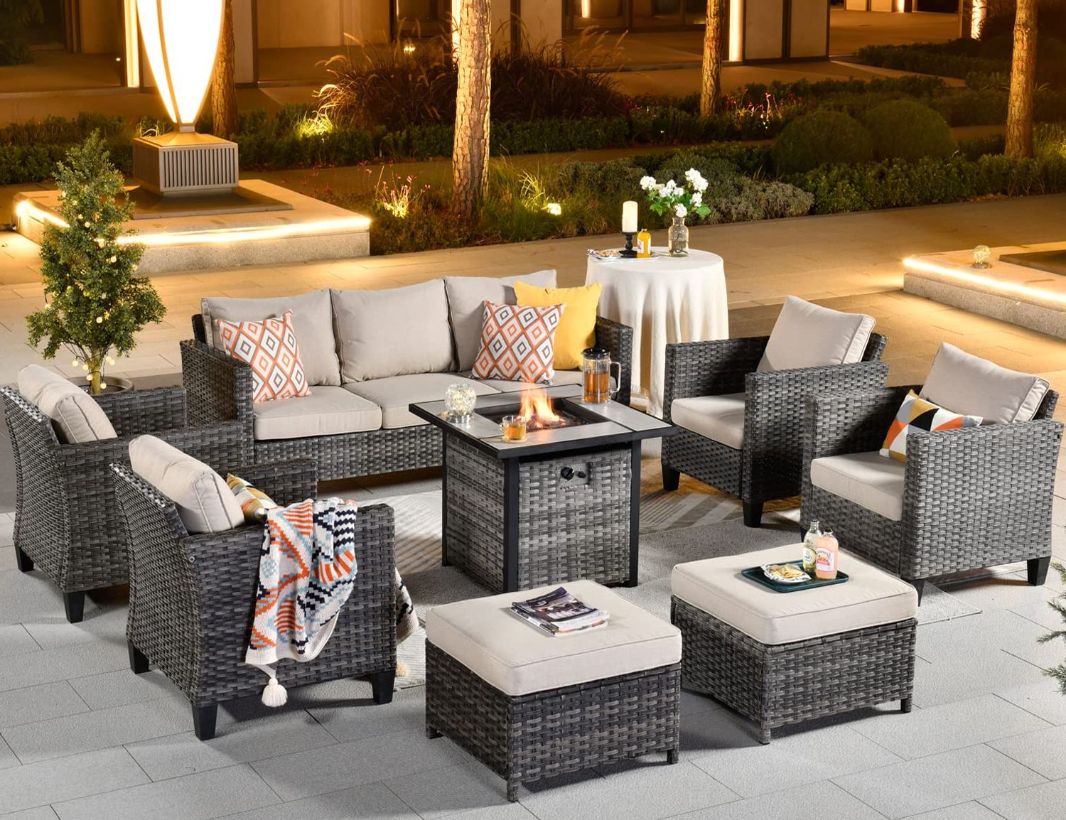 Amazon: Ovios Patio Furniture Set 8 Pcs High Back Sofa Outdoor  Conversation Sets Gas Fire Pit Table All Weather Wicker Rattan Sectional  Sofa Set Garden Backyard Porch (beige) : Patio, Lawn & Within Famous Fire Pit Table Wicker Sectional Sofa Conversation Set (View 7 of 15)