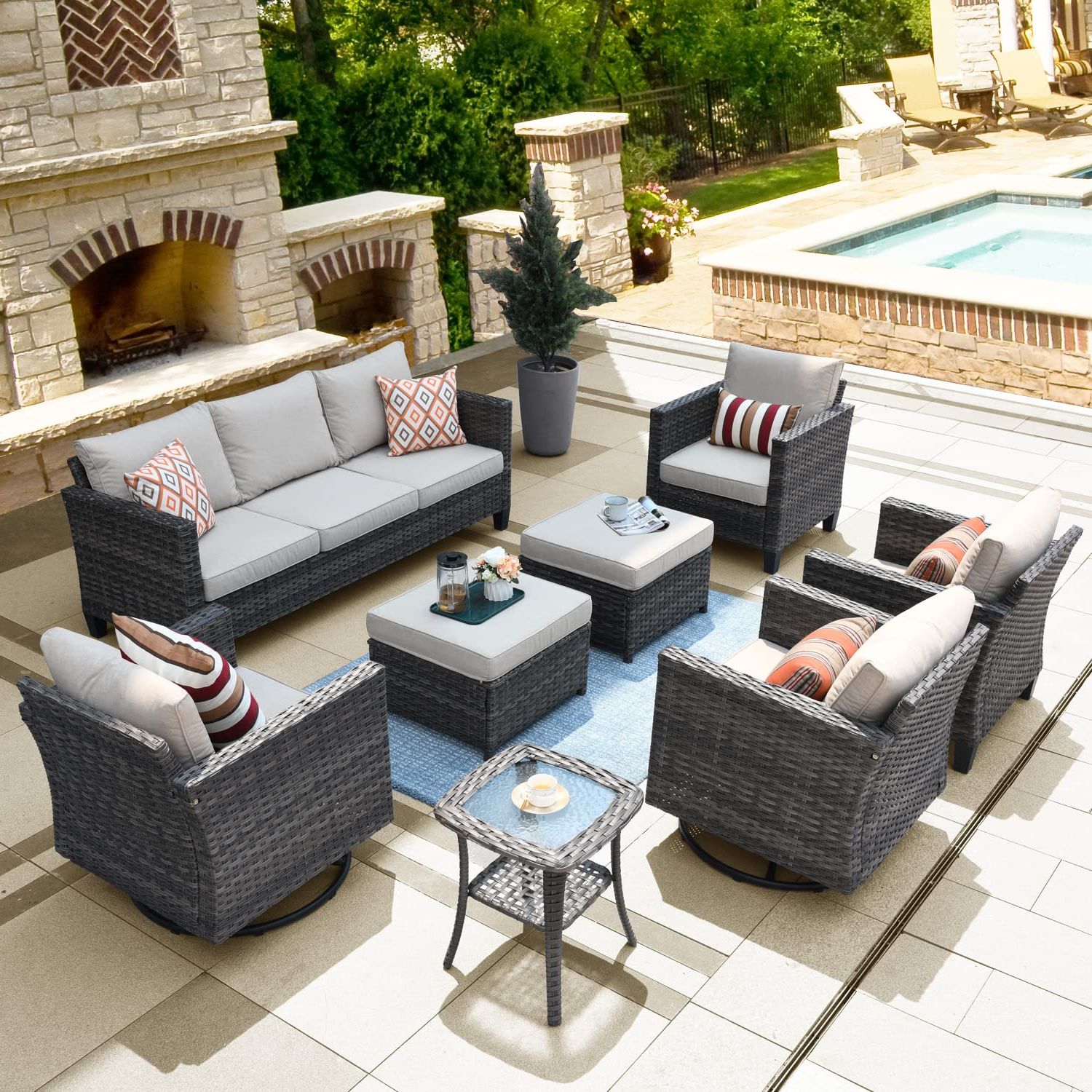 Amazon: Ovios Patio Furniture Set 8 Pcs Outdoor Wicker Rocking Swivel  Chairs Sectional Sofa Set With Single Chairs High Back Rattan Sofa For Yard  Garden Porch (beige) : Patio, Lawn & Garden With Regard To Famous 8 Pcs Outdoor Patio Furniture Set (View 4 of 15)