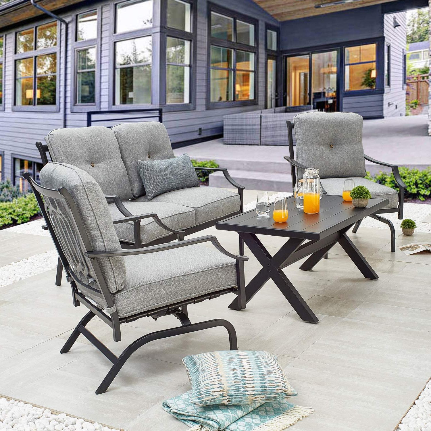 Amazon: Patiofestival Patio Conversation Set Metal Outdoor Furniture  Sets All Weather Cushioned Loveseat & 2 Rocking Chairs & 1 Coffee Table For  Poolside Lawn Yard 4pcs : Patio, Lawn & Garden Inside Best And Newest Outdoor Cushioned Chair Loveseat Tables (Photo 1 of 15)