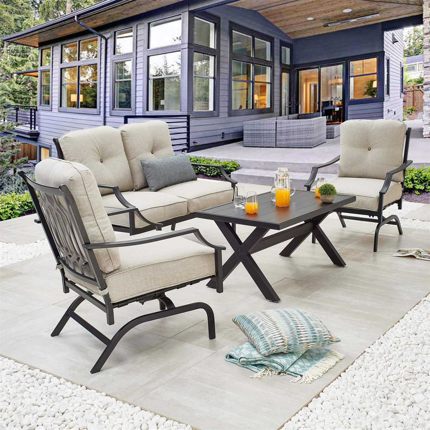 Amazon: Patiofestival Patio Conversation Set Metal Outdoor Furniture  Sets All Weather Cushioned Loveseat & 2 Rocking Chairs & 1 Coffee Table For  Poolside Lawn Yard 4pcs : Patio, Lawn & Garden With Favorite Outdoor Cushioned Chair Loveseat Tables (View 2 of 15)