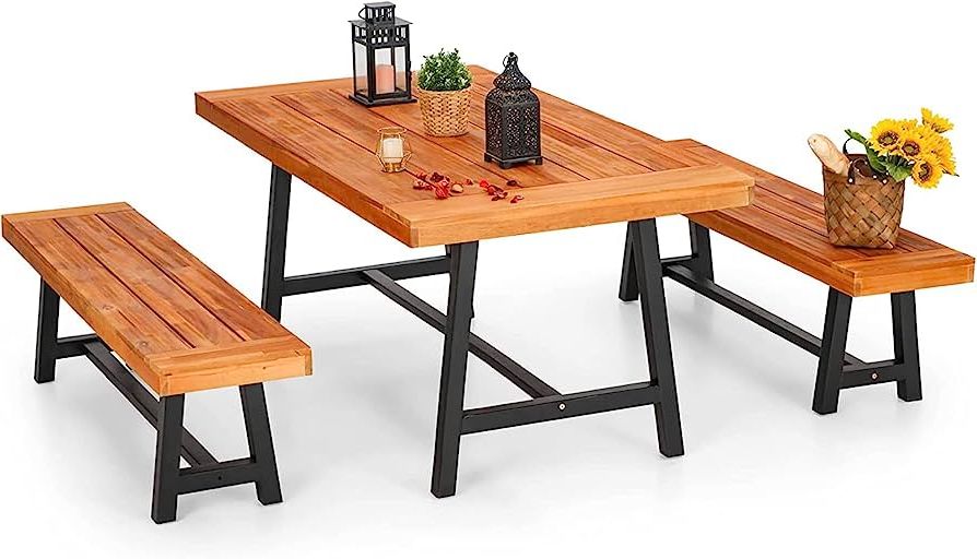 Amazon: Phi Villa Outdoor Table Bench Set Of 3, 1 Wood Dining Table & 2 Wooden  Benches, Premium Acacia Wood Patio Furniture Set For Porch Balcony Deck,  Teak Color : Patio, Lawn & Garden Regarding Well Known Outdoor Terrace Bench Wood Furniture Set (Photo 3 of 15)