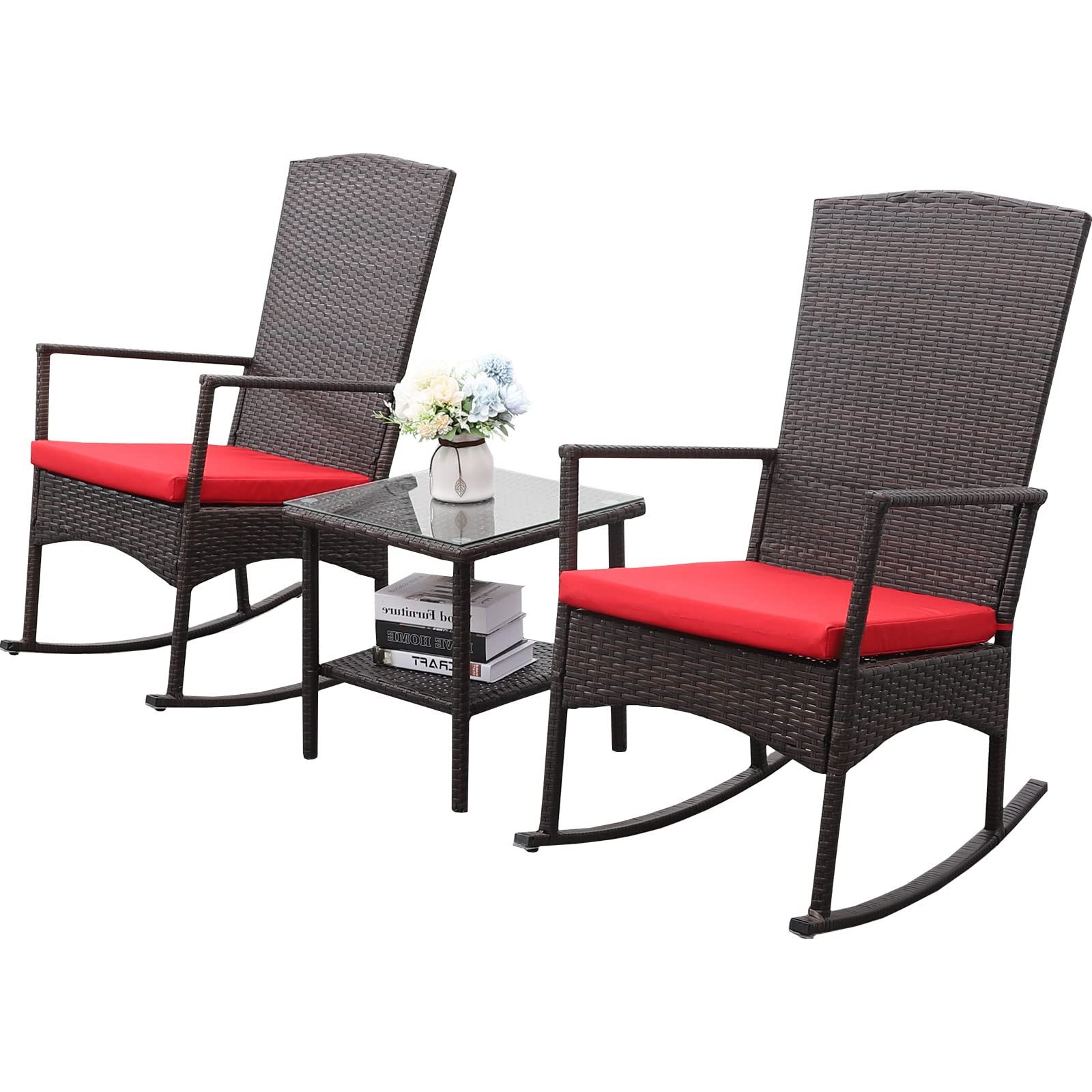 Amazon: Rattaner Outdoor 3 Piece Wicker Rocking Chair Set Patio Bistro  Set Conversation Furniture 2 Rocker Chair And Glass Coffee Side Table Mix  Brown Rattan Red Cushion : Patio, Lawn & Garden With Recent 3 Piece Cushion Rocking Chair Set (Photo 7 of 15)