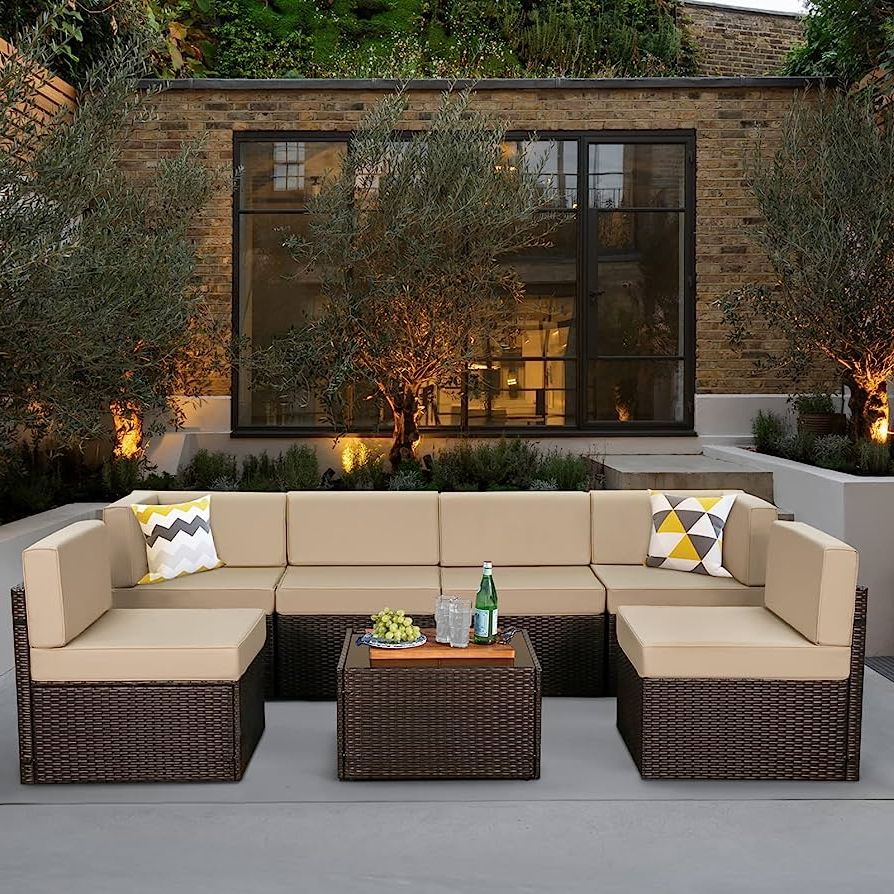 Amazon: U Max 7 Piece Outdoor Patio Furniture Set, Pe Rattan Wicker  Sofa Set, Outdoor Sectional Furniture Chair Set With Cushions And Tea  Table, Brown : Patio, Lawn & Garden Inside Well Known 7 Piece Rattan Sectional Sofa Set (View 7 of 15)