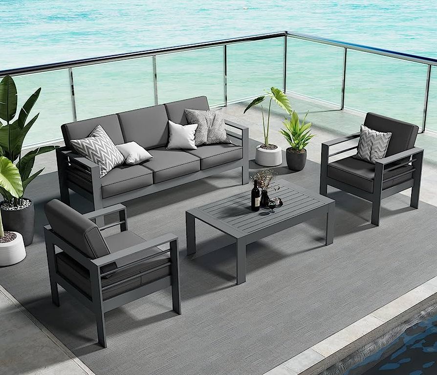 Amazon: Vakollia 4 Pieces Modern Aluminum Patio Furniture Set, Outdoor  Conversation Sets Metal Sectional Sofa With Coffee Table : Patio, Lawn &  Garden Throughout Most Recently Released Side Table Iron Frame Patio Furniture Set (Photo 9 of 15)