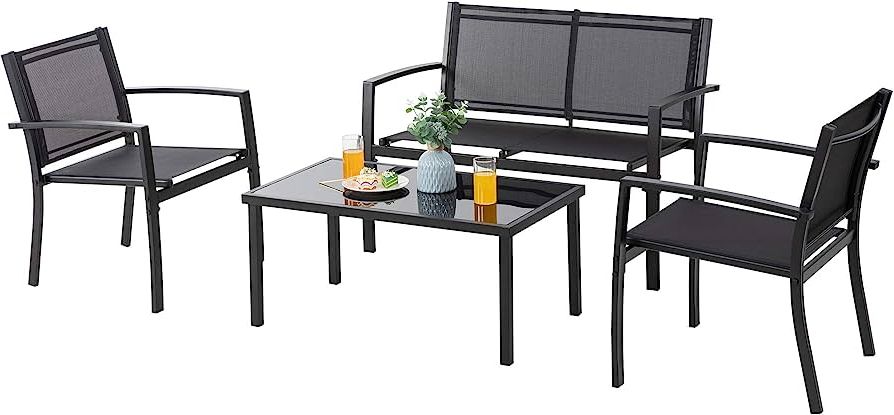 Amazon: Vongrasig 4 Pieces Patio Furniture Sets, Small Modern Metal  Textilene Outdoor Furniture Conversation Sets, Lawn Garden Porch Balcony  Mesh Bistro Set Backyard Patio Set W/loveseat&glass Table (black) : Patio,  Lawn & Pertaining To Best And Newest Textilene Bistro Set Modern Conversation Set (View 13 of 15)
