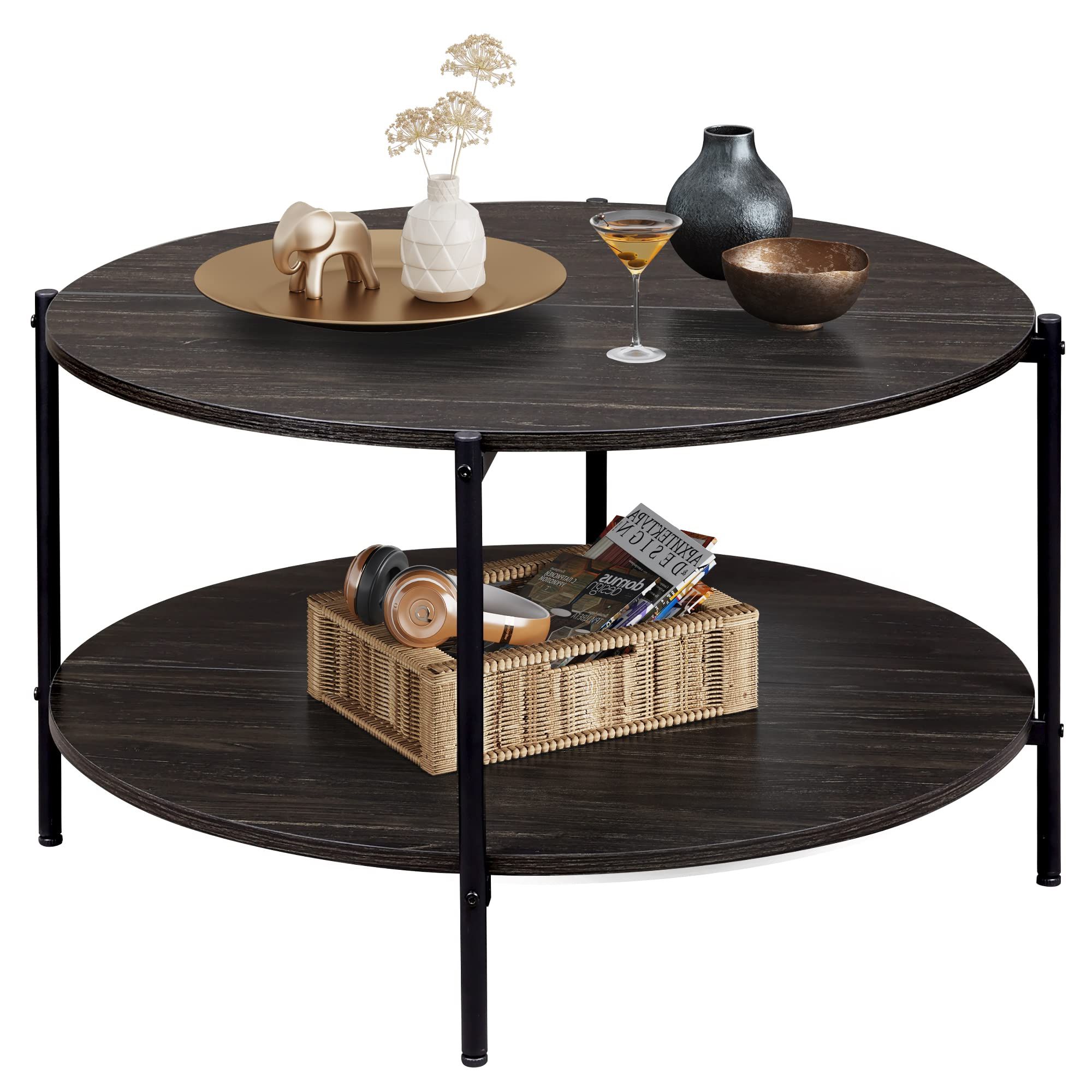 Amazon: Wlive Round Coffee Table, Living Room Table With 2 Tier Storage  Shelf,32in Wood Modern Coffee Table With Metal Frame And Wood Desktop,easy  Assembly,charcoal Black. : Home & Kitchen Pertaining To Most Recent Outdoor 2 Tiers Storage Metal Coffee Tables (Photo 12 of 15)