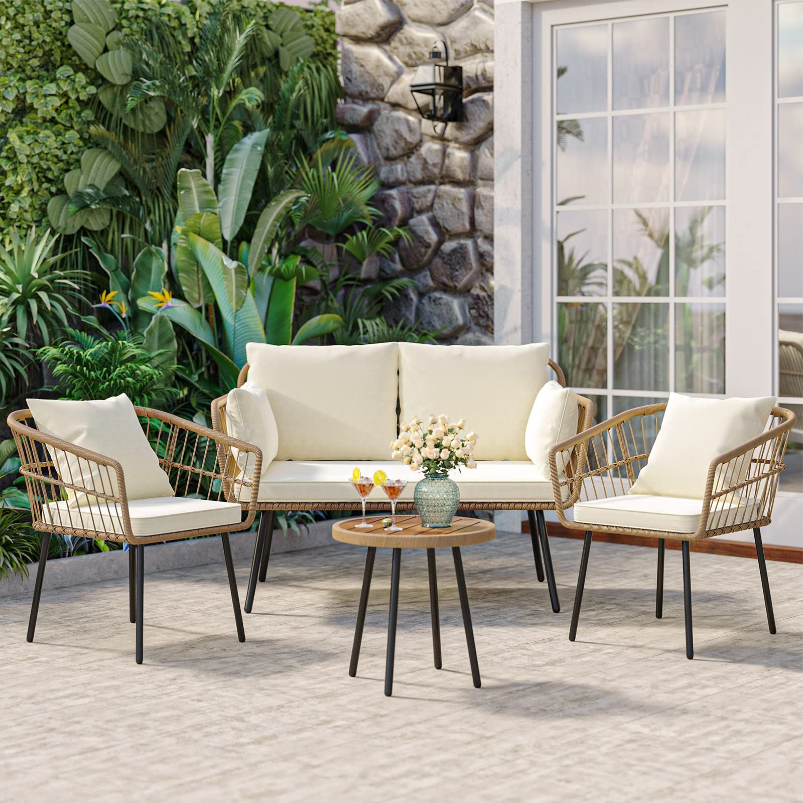 Amazon: Yitahome 4 Pieces Patio Furniture Set, Wicker Balcony Bistro  Set, Outdoor All Weather Rattan Conversation Set With Loveseat Chairs Table  Soft Cushions For Backyard, Pool, Deck, Garden – Beige : Patio, Lawn For Favorite Outdoor Cushioned Chair Loveseat Tables (View 4 of 15)
