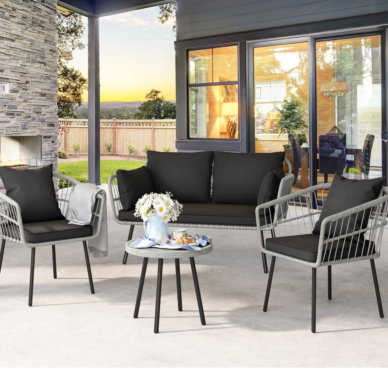 Amazon: Yitahome 4 Pieces Patio Furniture Set, Wicker Balcony Bistro Set,  Outdoor All Weather Rattan Conversation Set With Loveseat Chairs Table Soft  Cushions For Backyard, Pool, Deck, Garden – Black : Patio, Lawn Intended For 2017 Patio Furniture Wicker Outdoor Bistro Set (Photo 2 of 15)