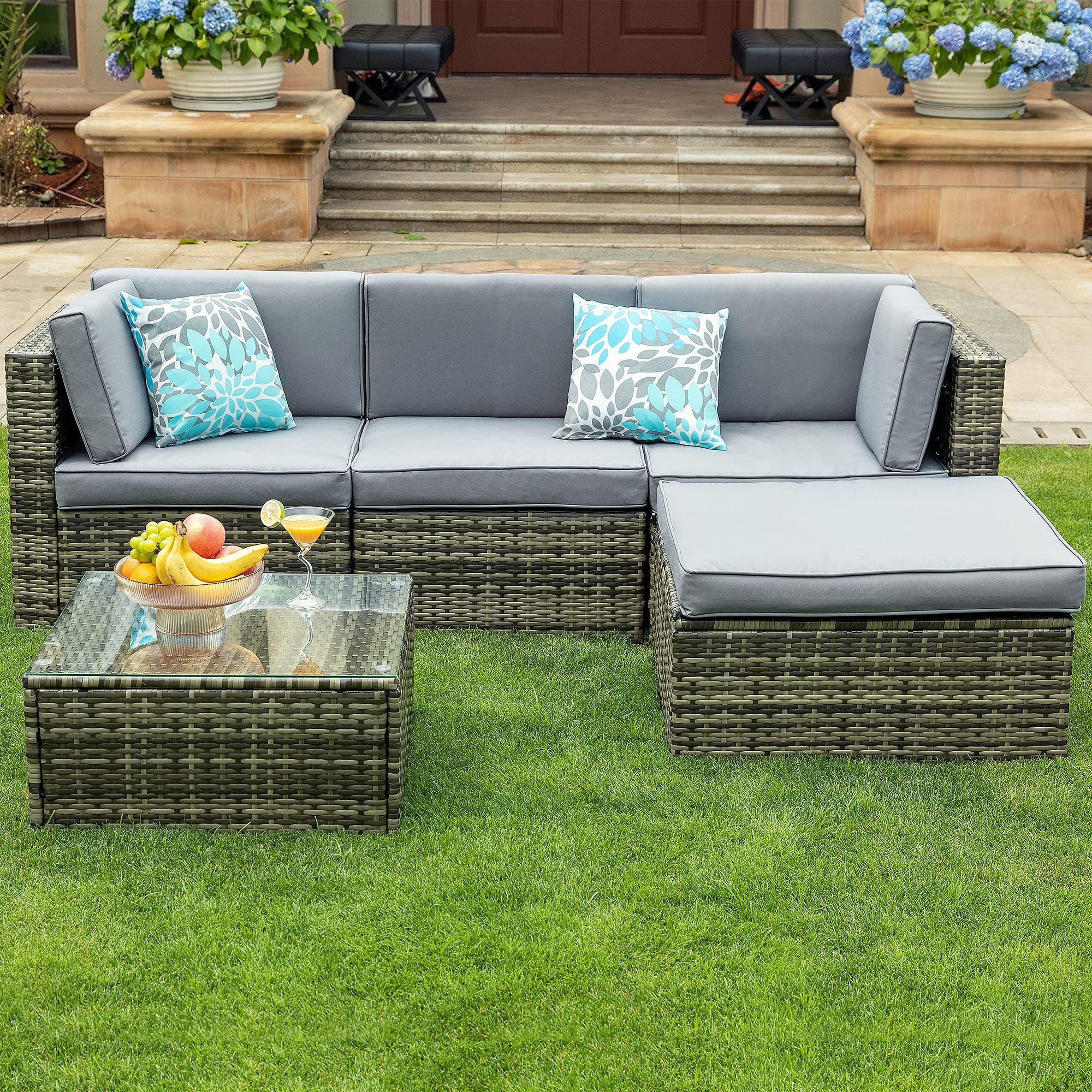 Amazon: Yitahome 5 Piece Outdoor Patio Furniture Sets, All Weather  Wicker Sectional Sofa Patio Conversation Set With Ottoman, Coffee Table And  Cushions, Gray Gradient : Patio, Lawn & Garden With Newest 5 Piece Patio Furniture Set (Photo 7 of 15)