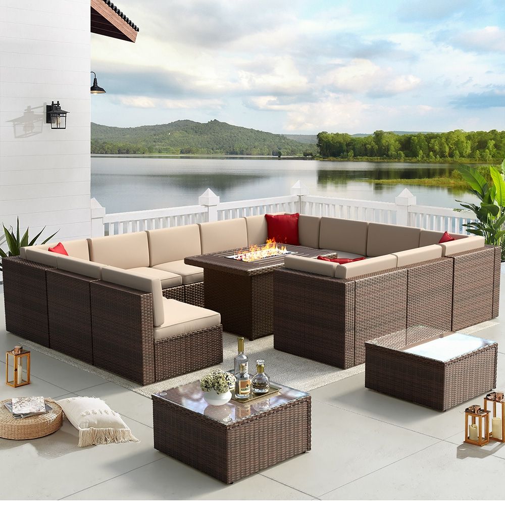 Aoxun Patio Furniture Set With Fire Pit Table 15 Piece Rattan Patio  Conversation Set With Brown Cushions In The Patio Conversation Sets  Department At Lowes Within Widely Used Fire Pit Table Wicker Sectional Sofa Conversation Set (View 15 of 15)