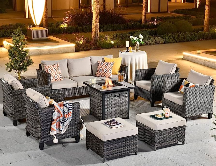 Backyard Porch Garden Patio Furniture Set Throughout Preferred Amazon: Ovios Patio Furniture Set 8 Pcs High Back Sofa Outdoor  Conversation Sets Gas Fire Pit Table All Weather Wicker Rattan Sectional Sofa  Set Garden Backyard Porch (beige) : Patio, Lawn & (Photo 1 of 15)