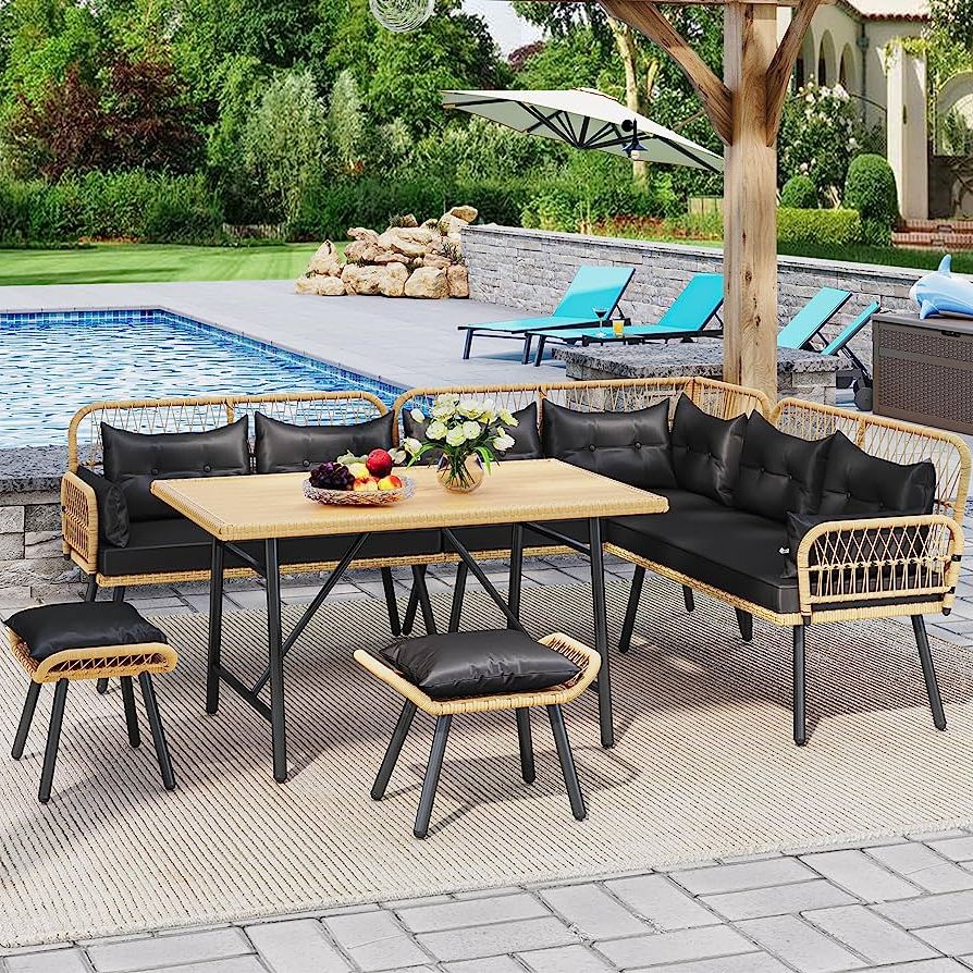 Balcony And Deck With Soft Cushions In Popular Amazon: Yitahome 10 Piece Outdoor Patio Furniture Dining Set,  All Weather Rattan Conversation Set For Backyard Deck With Soft Cushions  And Plastic Wood Dining Table (light Brown+black) : Patio, Lawn & Garden (Photo 11 of 15)