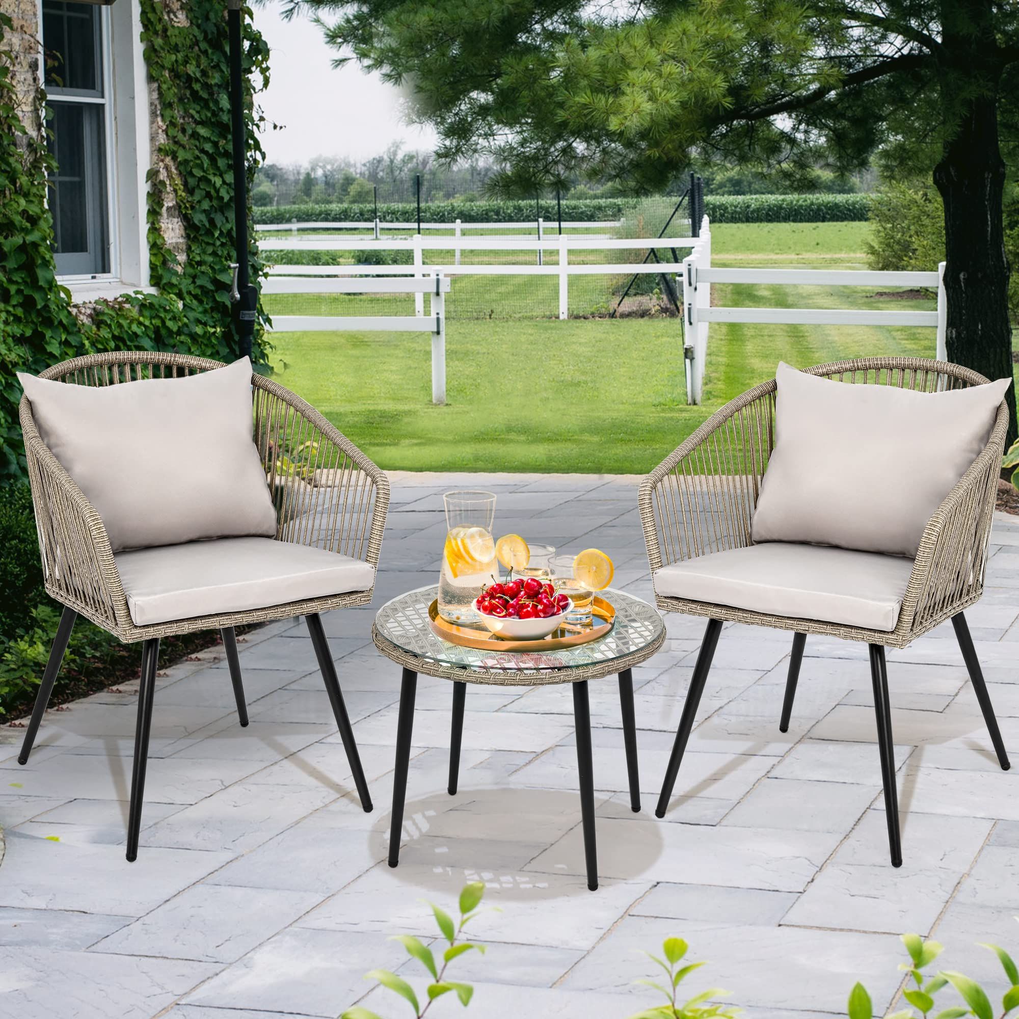 Balcony And Deck With Soft Cushions Inside Best And Newest Amazon: Yitahome 3 Piece Outdoor Patio Furniture Wicker Bistro Set,  All Weather Rattan Conversation Chairs For Backyard, Balcony And Deck With Soft  Cushions, Glass Side Table Gray : Patio, Lawn & Garden (Photo 6 of 15)