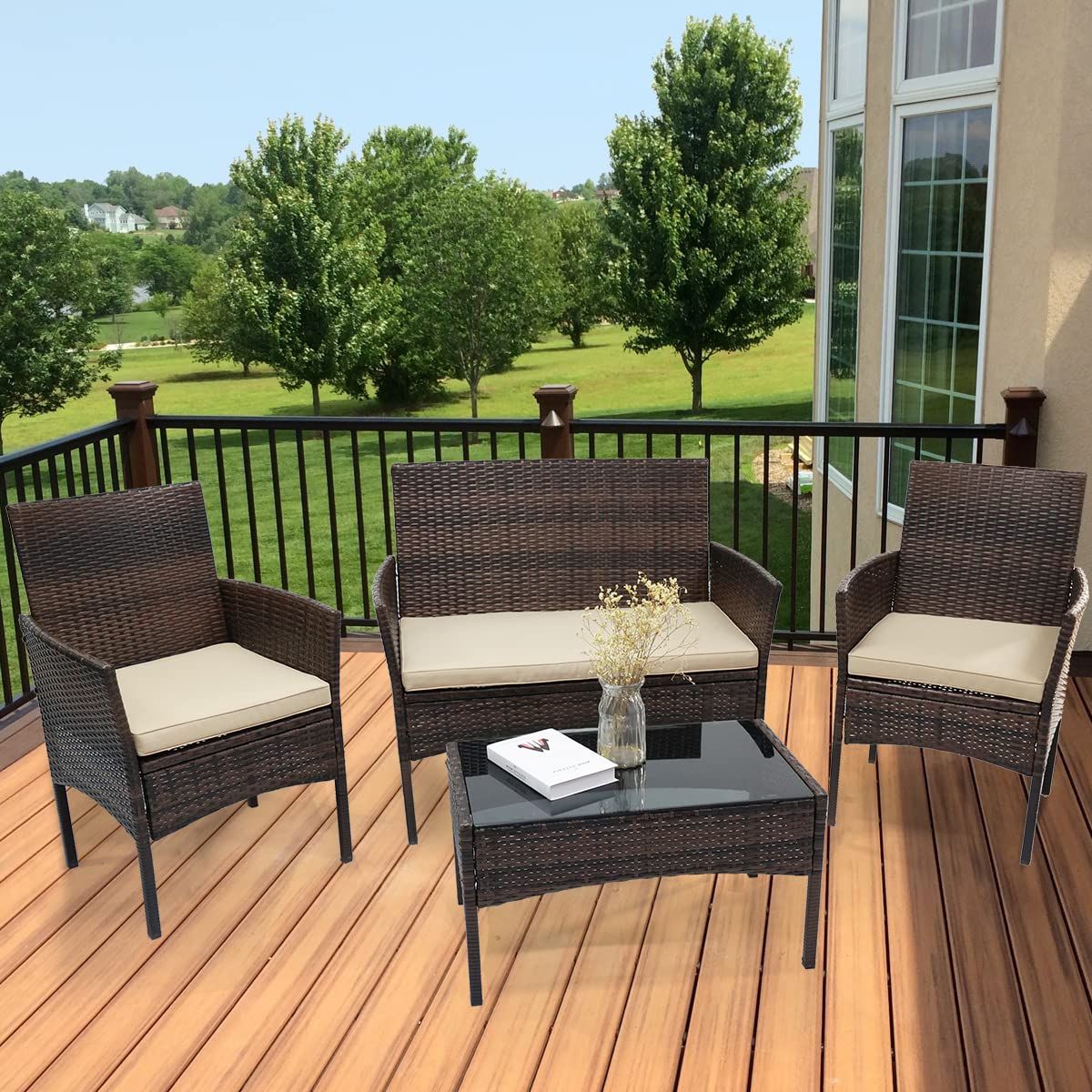 Balcony Furniture Set With Beige Cushions Throughout Best And Newest Amazon: Patio Furniture Set, 4 Pieces Porch Backyard Garden Outdoor  Furniture Rattan Chairs And Table Wicker Conversation Set With Beige  Cushions : Patio, Lawn & Garden (View 4 of 15)