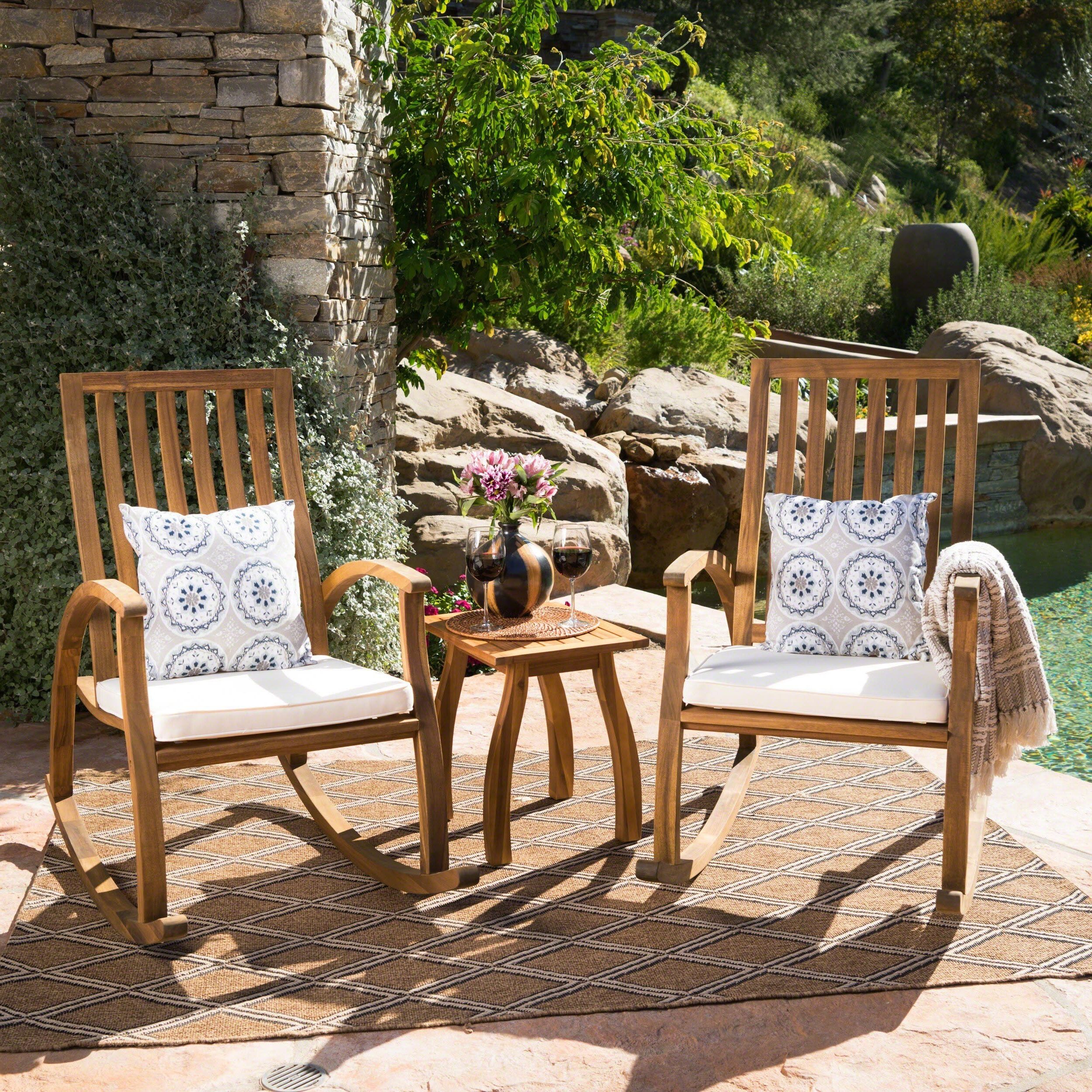 Best And Newest 3 Piece Cushion Rocking Chair Set Inside Cayo Acacia Wood Outdoor 3 Piece Rocking Chair Chat Set With Cushion Christopher Knight Home – On Sale – – 18158356 (Photo 13 of 15)