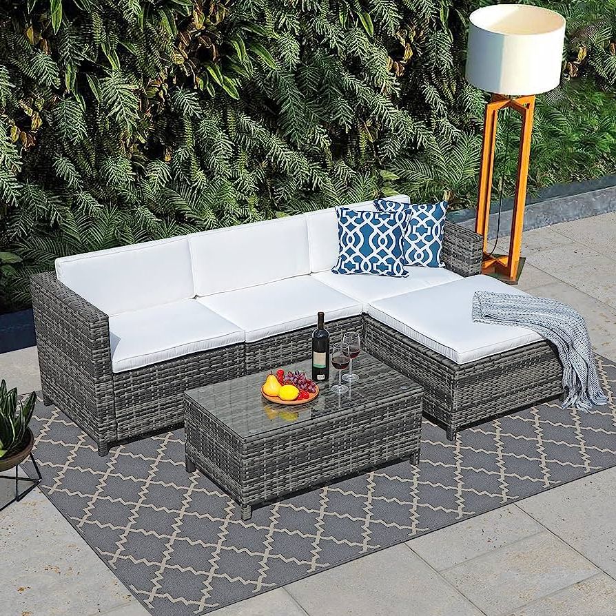 Best And Newest All Weather Wicker Sectional Seating Group With Amazon: Joivi Patio Furniture Sets, 5 Pieces All Weather Outdoor  Sectional Sofa Grey Wicker Rattan Patio Conversation Set With Ottoman,  Washable White Cushions And 2 Blue Pillows : Everything Else (View 3 of 15)