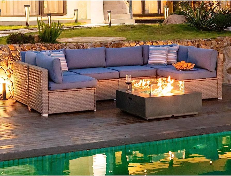 Best And Newest Amazon: Cosiest 8 Piece Propane Fire Pit Outdoor Wicker Sectional Sofa,  Warm Gray Patio Furniture Set W 35 Inch Square Celadon Fire Table (50,000  Btu), Tank Cover And Wind Glass For Garden, Pool : Regarding Fire Pit Table Wicker Sectional Sofa Set (View 5 of 15)