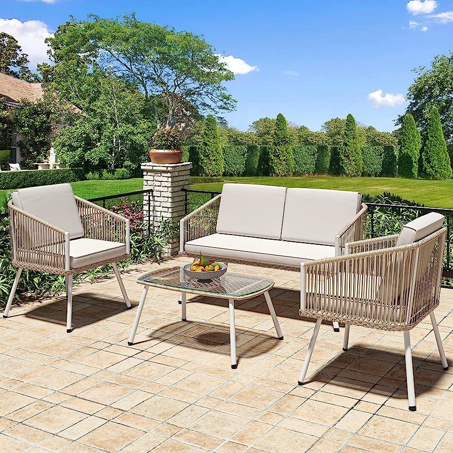 Best And Newest Loveseat Chairs For Backyard Regarding Amazon: Yitahome 4 Piece Patio Furniture Wicker Outdoor Bistro Set, All  Weather Double White Side Rattan Conversation Loveseat For Backyard, Balcony,  Deck With Soft Cushions And Metal Table (light Brown) : Patio, Lawn (Photo 1 of 15)