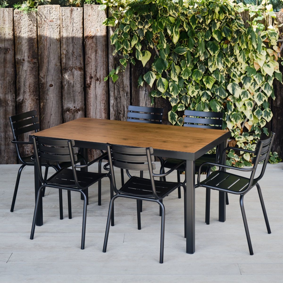 Best And Newest Outdoor Furniture Metal Rectangular Tables With Rectangular Black Metal & Wood Effect Table & 6 Chairs Set – Camden Range –  Woodberry (View 3 of 15)