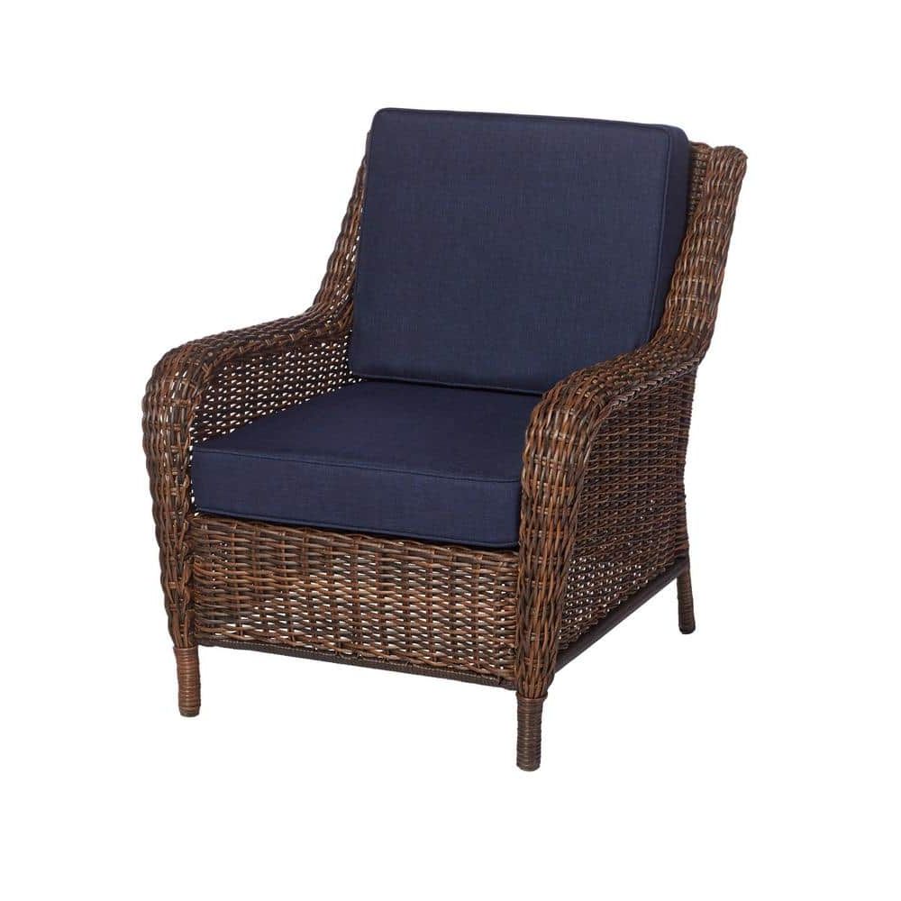 Brown Wicker Chairs With Ottoman For Newest Hampton Bay Cambridge Brown Wicker Outdoor Patio Lounge Chair With  Cushionguard Midnight Navy Blue Cushions 65 17148b1 – The Home Depot (View 7 of 15)
