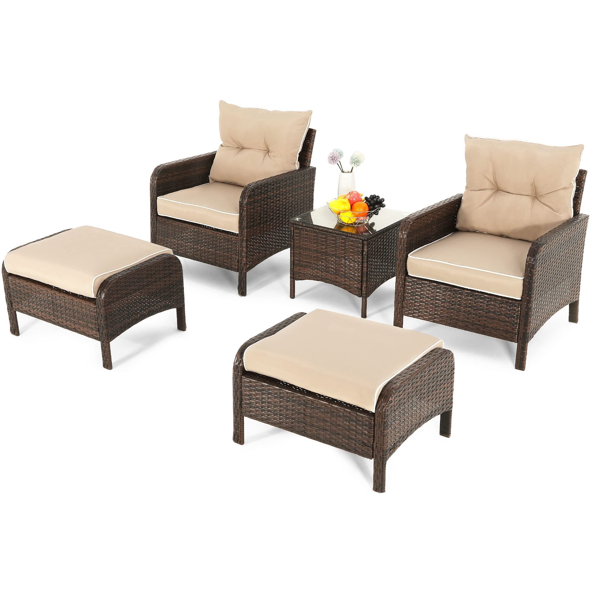 Brown Wicker Chairs With Ottoman Intended For Trendy Amazon: Yitahome 5 Piece Wicker Patio Furniture Set, Patio Set Porch Furniture  Outdoor Lounge Chair With Ottoman And Side Table, Brown : Patio, Lawn &  Garden (Photo 4 of 15)