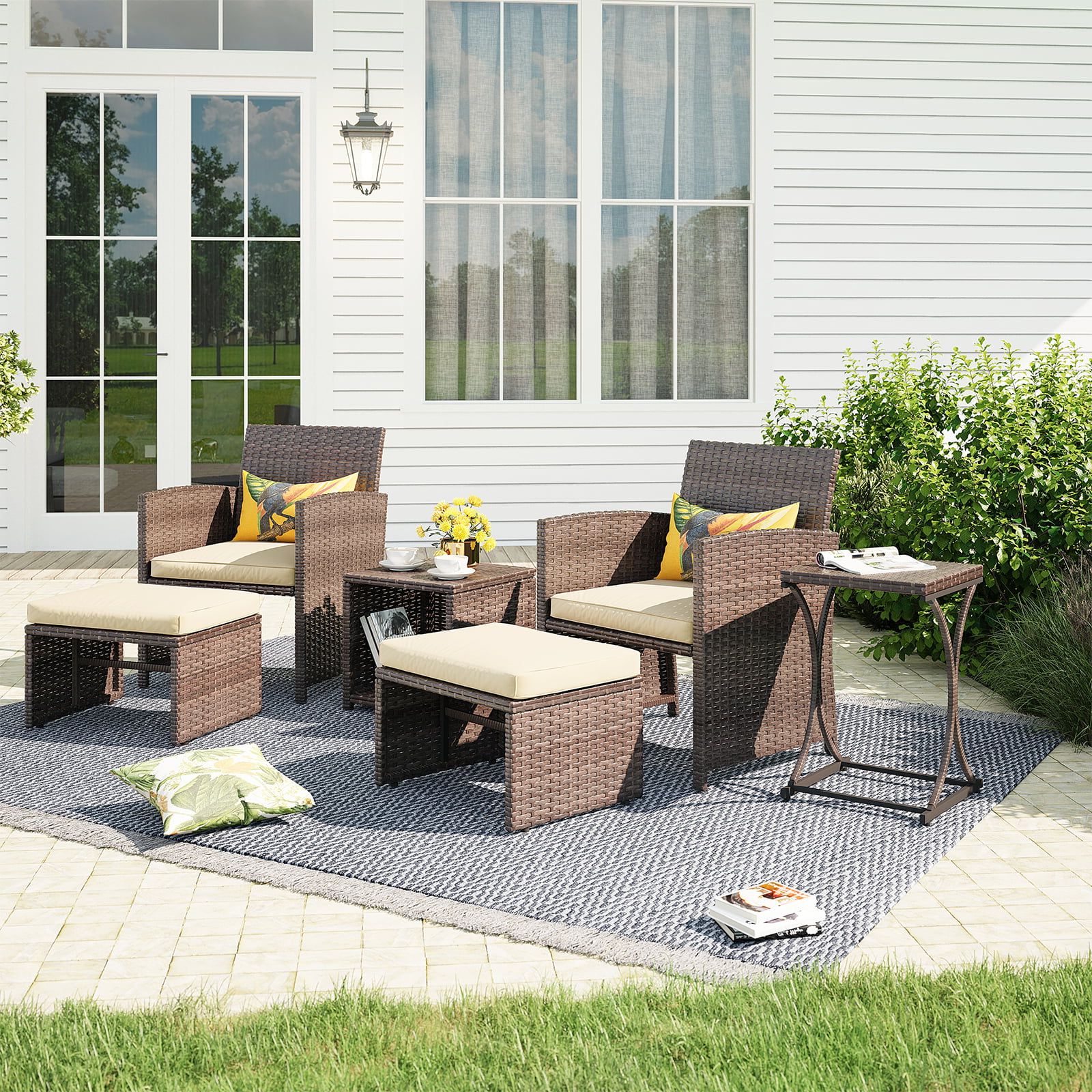 Brown Wicker Chairs With Ottoman Within Recent Oc Orange Casual 6 Piece Patio Wicker Furniture Set, Rattan Outdoor Chairs,  With Beige Cushioned Ottoman, Resin Nesting Table, Modern Design, Brown –  Walmart (View 14 of 15)