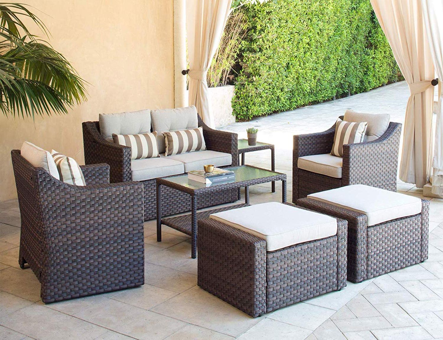 Brown Wicker Chairs With Ottoman Within Well Known Amazon: Solaura Outdoor Patio Furniture Set 7 Piece Brown Wicker  Conversation Furniture Set Patio Lounge Chairs With Ottoman & Loveseat With  Glass Coffee Table (pillow Included) : Patio, Lawn & Garden (Photo 3 of 15)
