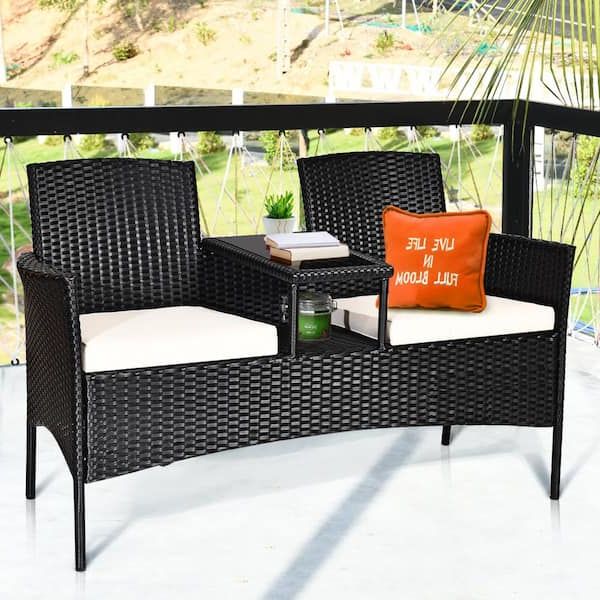 Costway 1 Piece Patio Rattan Loveseat Table Chairs Chat Set Seat Sofa  Conversation Set With White Cushions Op3422 – The Home Depot With Regard To Famous Outdoor Cushioned Chair Loveseat Tables (View 5 of 15)