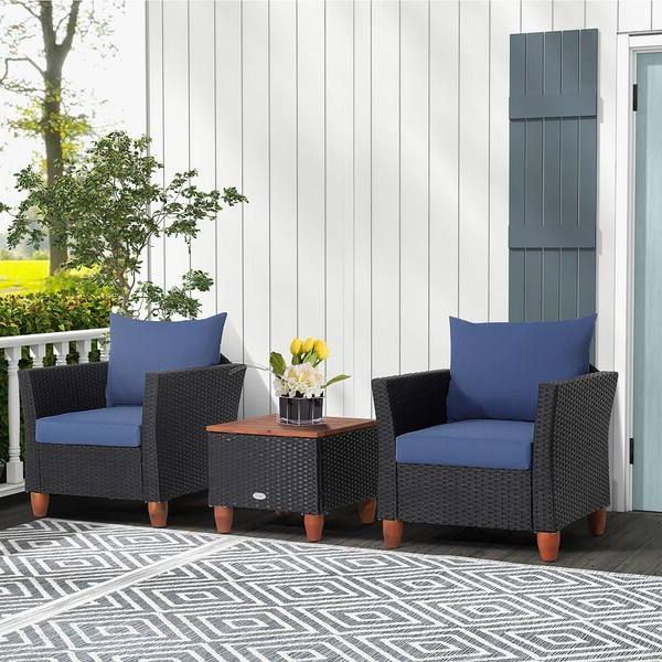 Costway 3pcs Wicker Patio Conversation Set Cushioned Sofa Storage Table  Wood Top With Navy Cushions Hw70614ny – The Home Depot With Regard To Most Current Furniture Conversation Set Cushioned Sofa Tables (View 7 of 15)