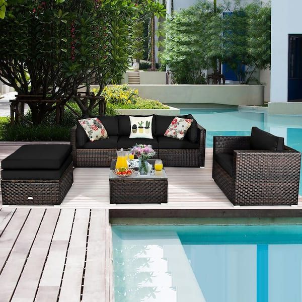 Costway Patio Rattan Furniture Set Cushion Sofa Coffee Table With Black  Cushions Hw63877bk+ – The Home Depot In Well Known Furniture Conversation Set Cushioned Sofa Tables (View 9 of 15)
