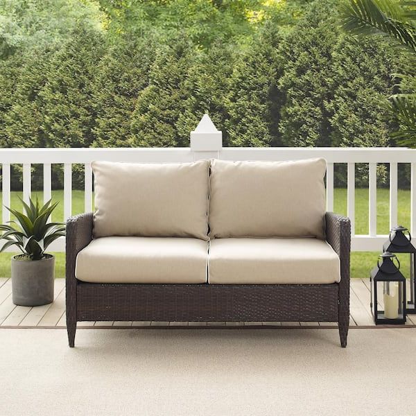 Crosley Furniture Kiawah Wicker Outdoor Loveseat With Sand Cushions  Ko70065br Sa – The Home Depot With Well Known Outdoor Sand Cushions Loveseats (View 6 of 15)
