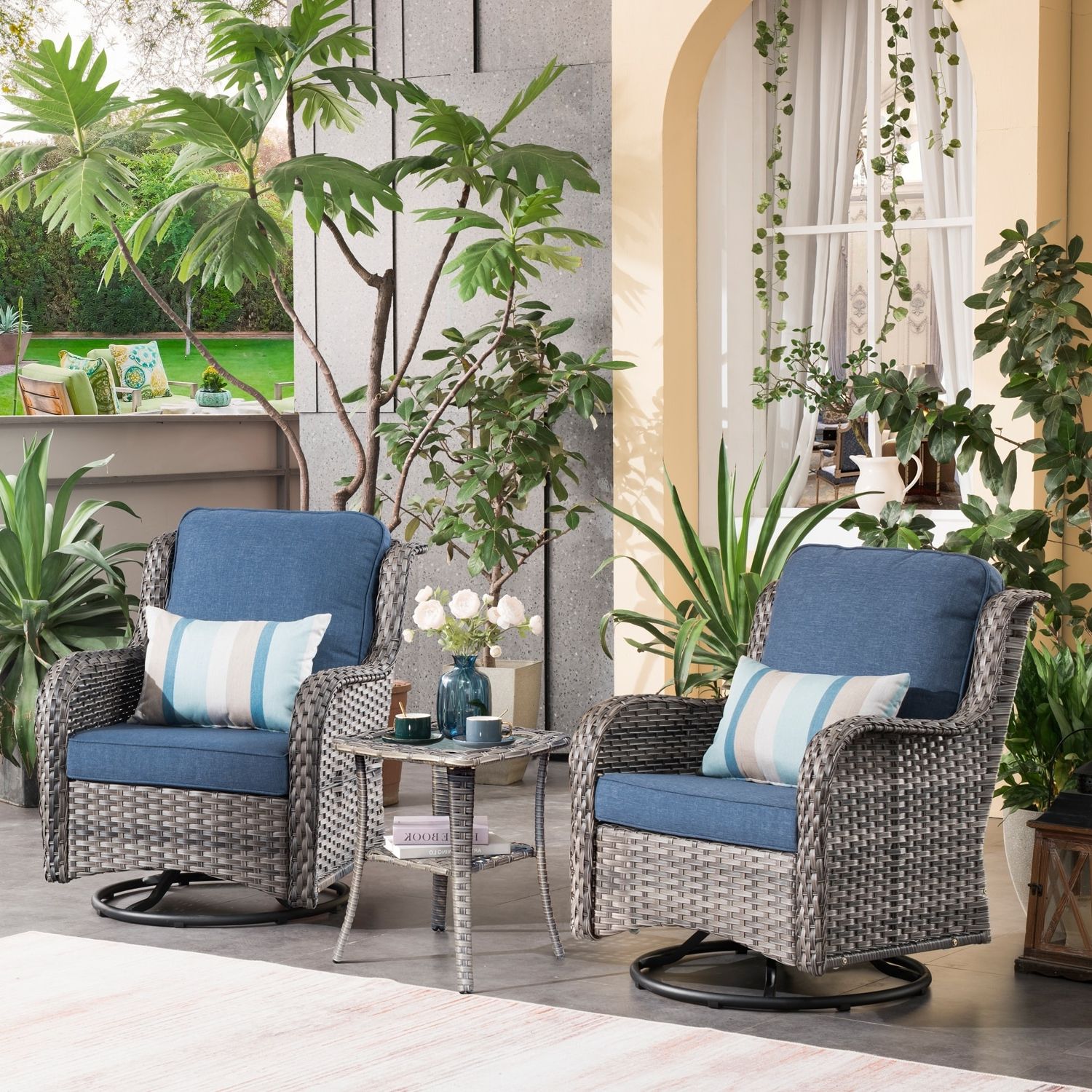 Current 3 Pieces Outdoor Patio Swivel Rocker Set Throughout Ovios 3 Piece Rattan Wicker Rocking Swivel Chair Set – On Sale – –  (View 6 of 15)