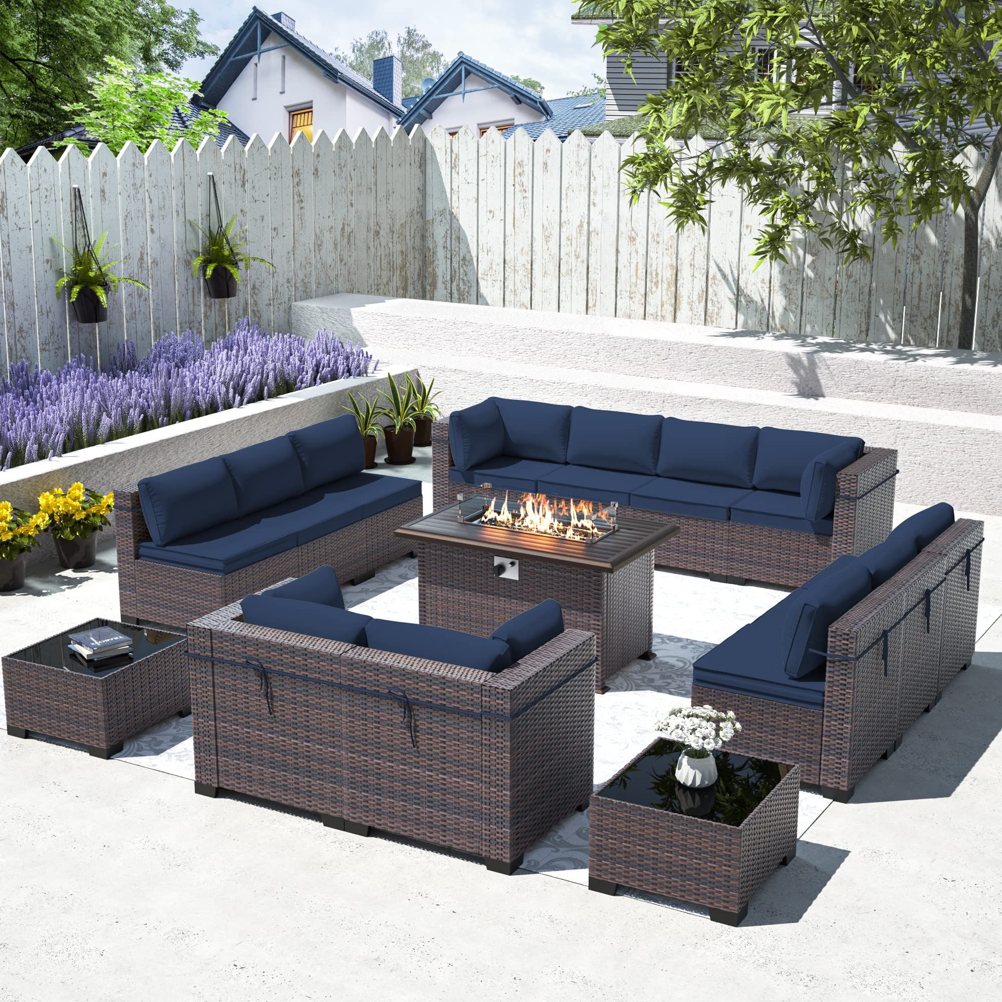 Current Amazon: Asjmr Outdoor Patio Furniture Set With Gas Fire Pit Table, 15  Pieces Outdoor Furniture Set Patio Sectional Sofa W/43in Propane Fire Pit,  Pe Wicker Rattan Patio Conversation Sets – Navy : Pertaining To Fire Pit Table Wicker Sectional Sofa Conversation Set (Photo 5 of 15)