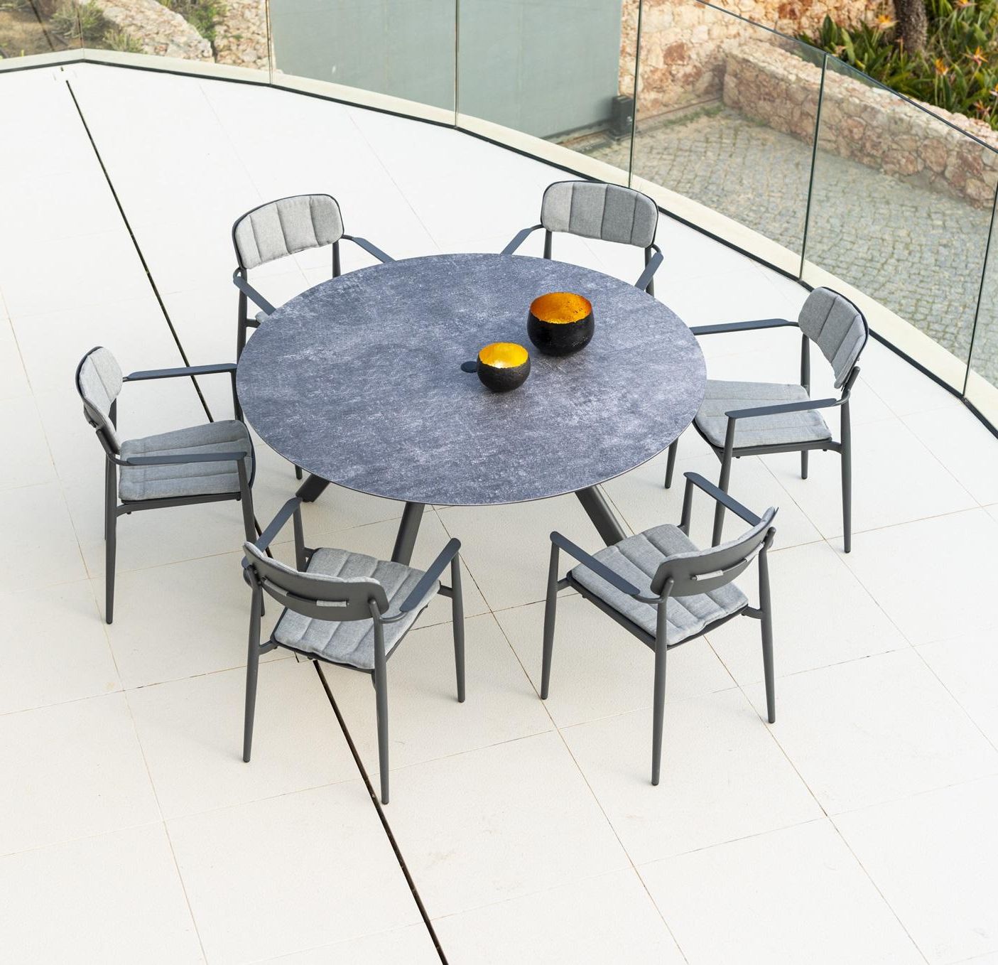 Current Circular Modern Metal Garden Dining Table With Either 6 Side Chairs Or  Armed Dining Chairs. For Metal Table Patio Furniture (Photo 10 of 15)
